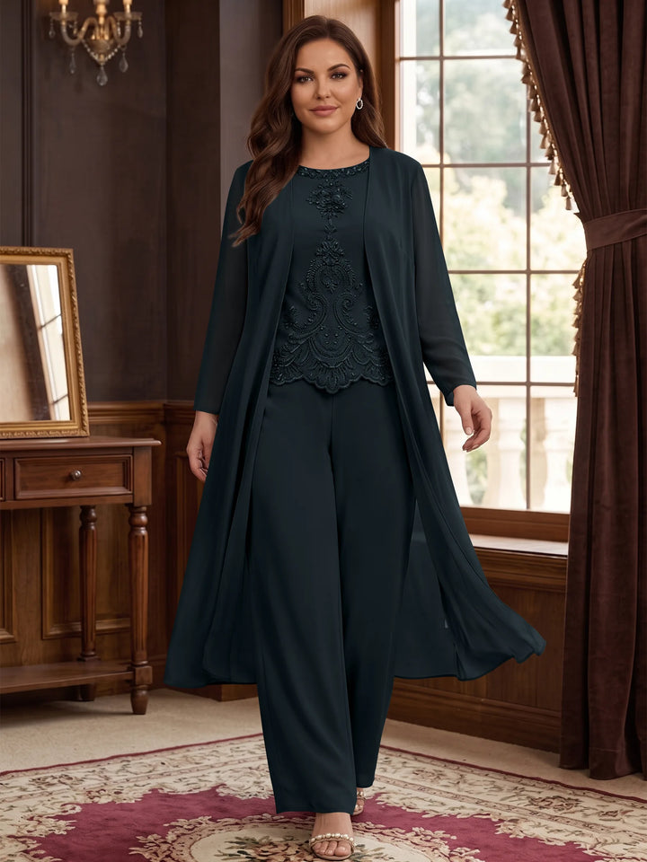 Chiffon Round Neck Floor-Length Plus Size Mother Of The Bride Pantsuits With Jacket & Applique