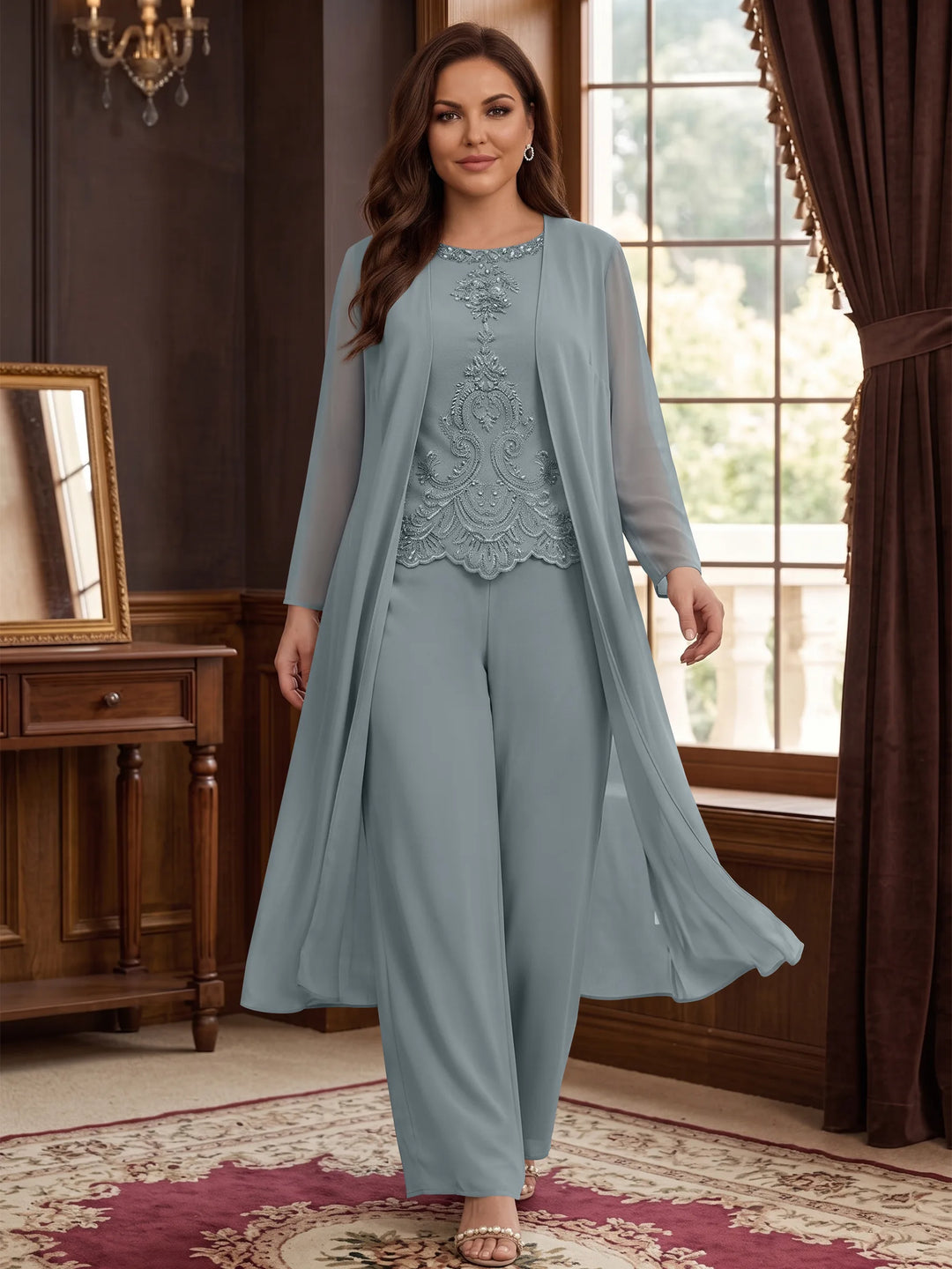 Chiffon Round Neck Floor-Length Plus Size Mother Of The Bride Pantsuits With Jacket & Applique