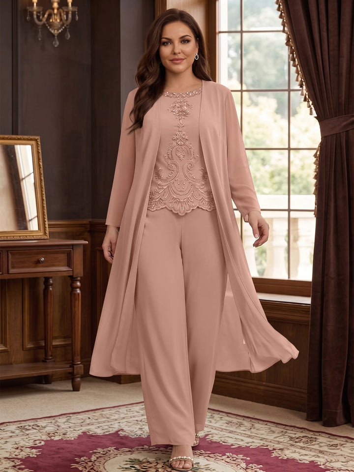 Chiffon Round Neck Floor-Length Plus Size Mother Of The Bride Pantsuits With Jacket & Applique