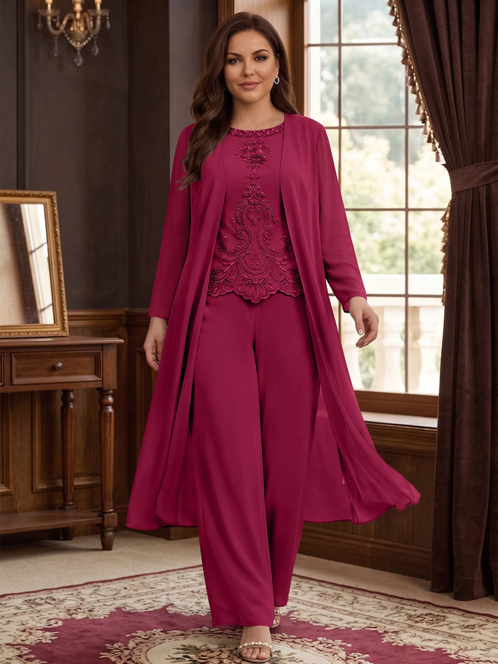Chiffon Round Neck Floor-Length Plus Size Mother Of The Bride Pantsuits With Jacket & Applique