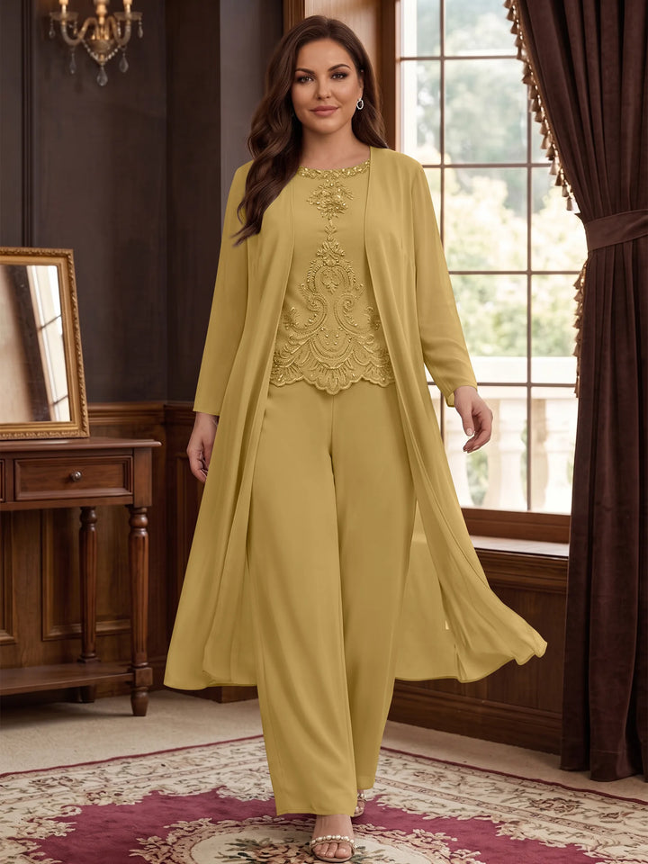 Chiffon Round Neck Floor-Length Plus Size Mother Of The Bride Pantsuits With Jacket & Applique
