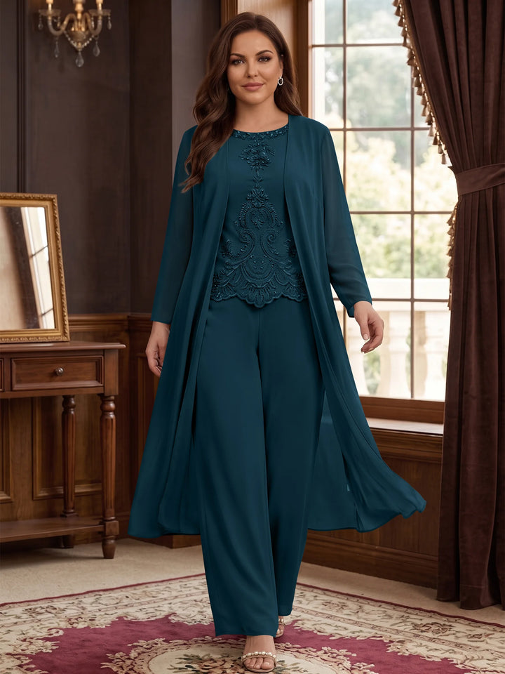 Chiffon Round Neck Floor-Length Plus Size Mother Of The Bride Pantsuits With Jacket & Applique