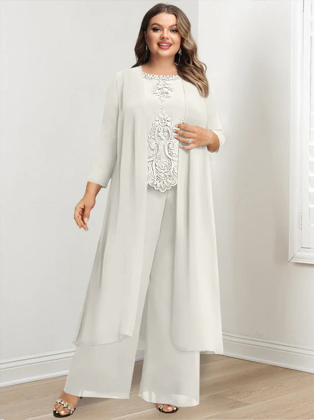 Chiffon Round Neck Floor-Length Plus Size Mother Of The Bride Pantsuits With Jacket & Applique