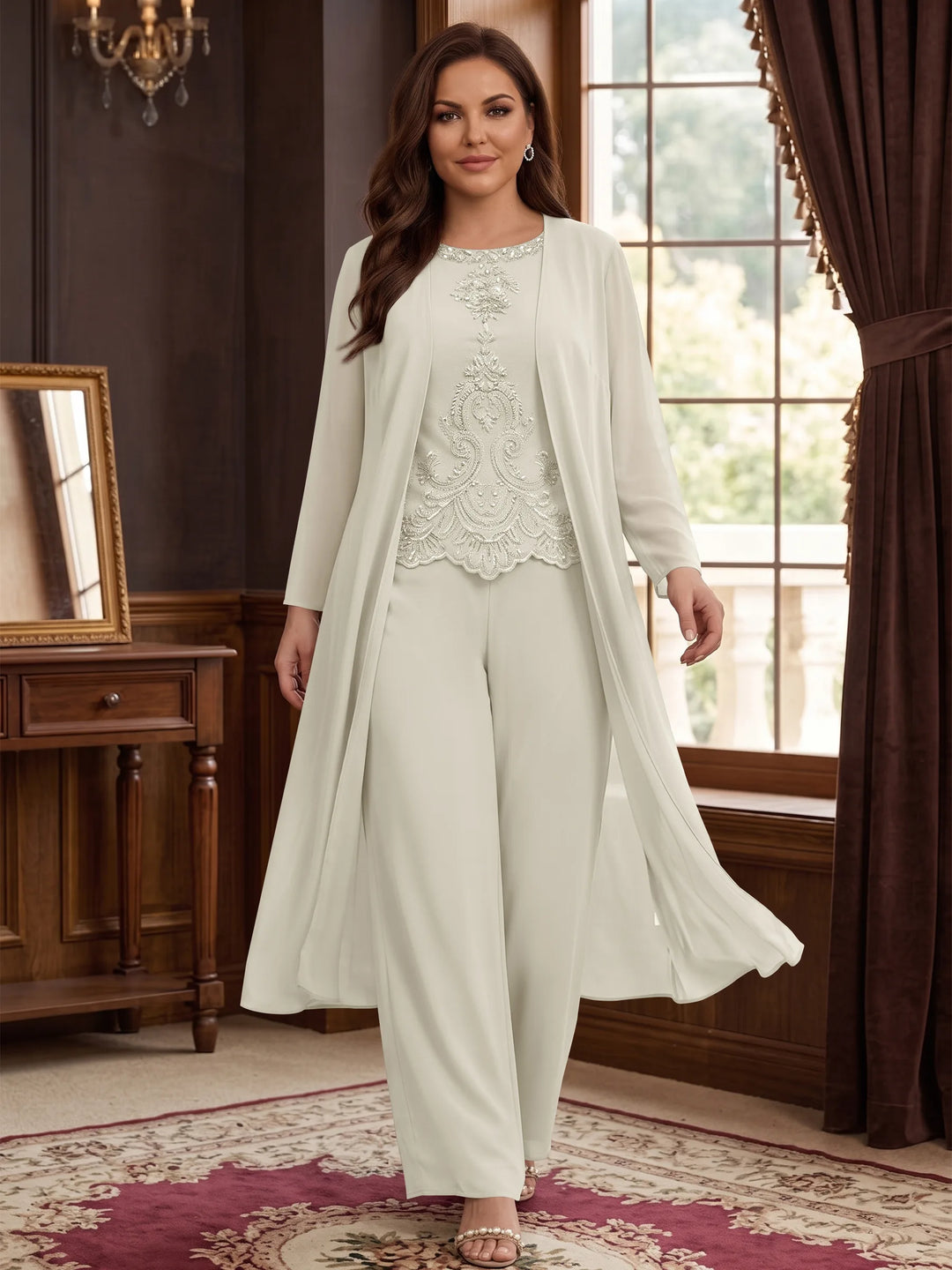 Chiffon Round Neck Floor-Length Plus Size Mother Of The Bride Pantsuits With Jacket & Applique