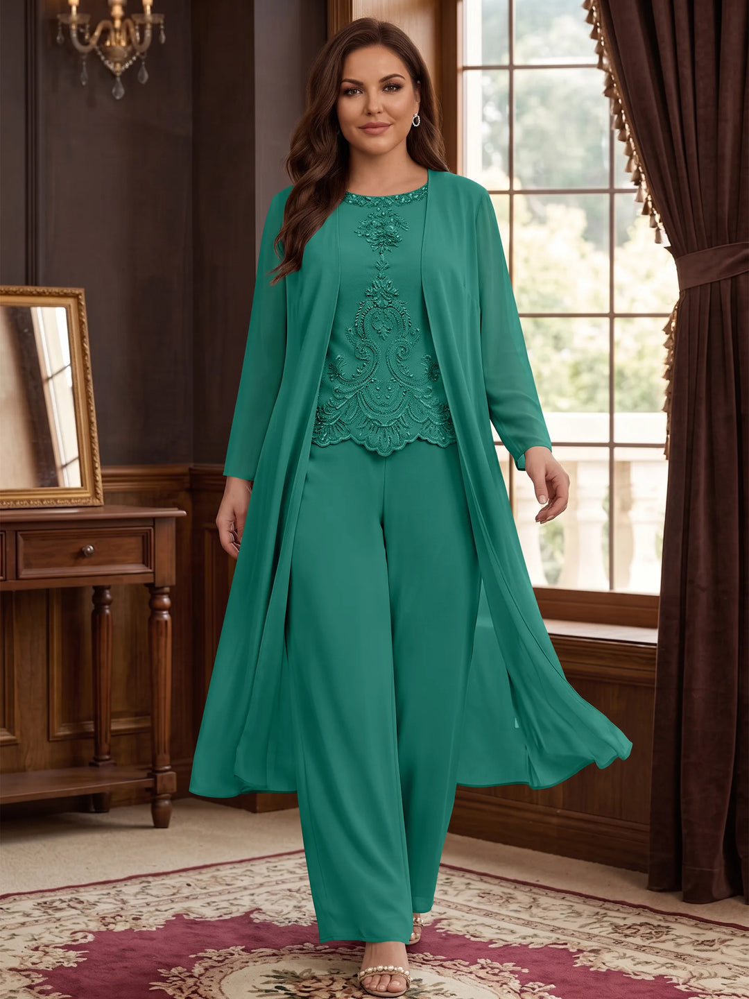 Chiffon Round Neck Floor-Length Plus Size Mother Of The Bride Pantsuits With Jacket & Applique
