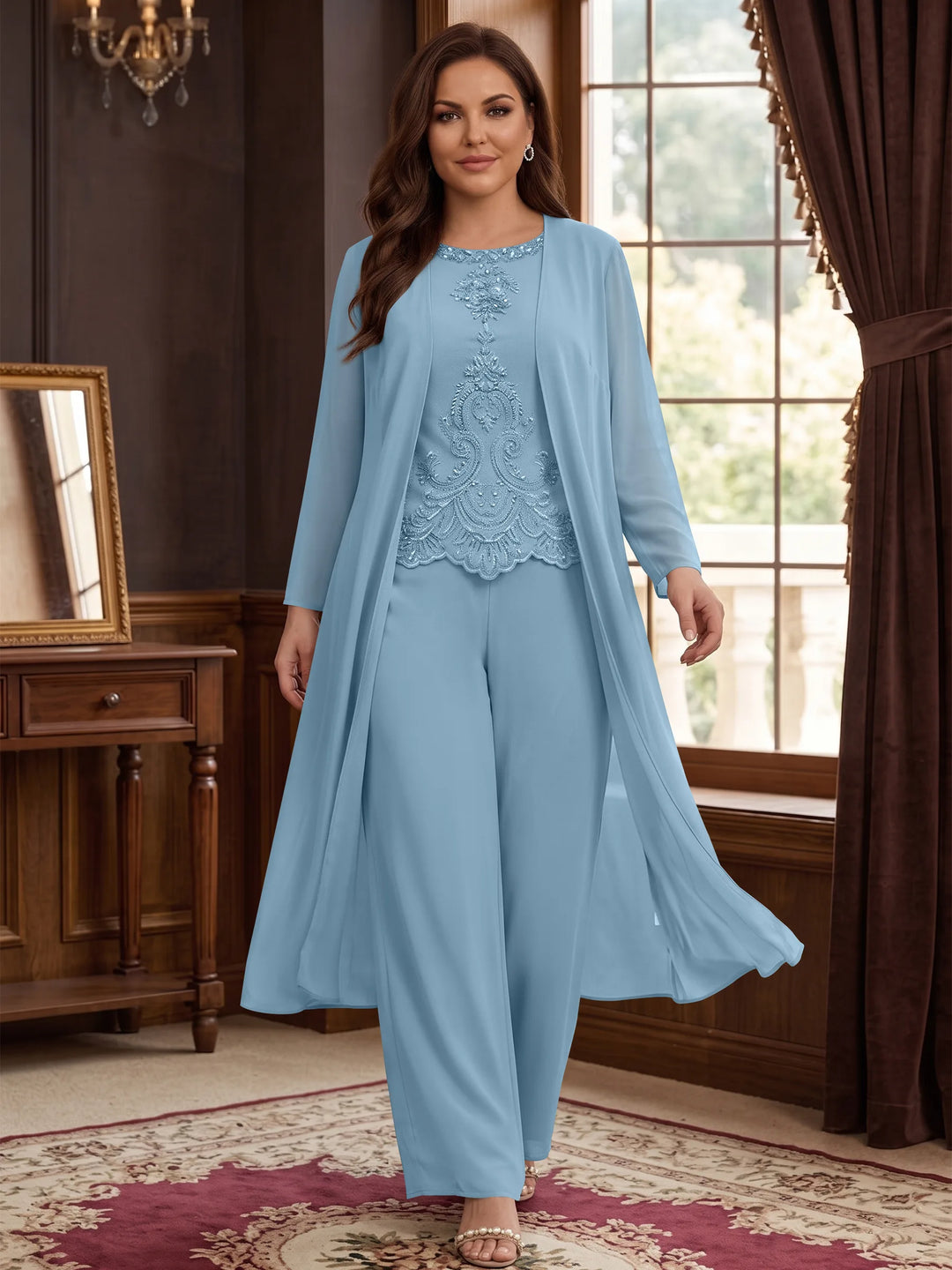 Chiffon Round Neck Floor-Length Plus Size Mother Of The Bride Pantsuits With Jacket & Applique