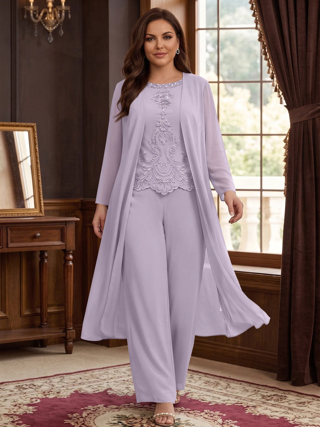 Chiffon Round Neck Floor-Length Plus Size Mother Of The Bride Pantsuits With Jacket & Applique