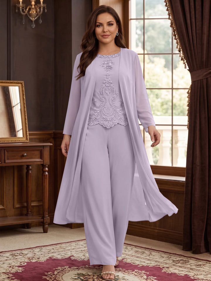 Chiffon Round Neck Floor-Length Plus Size Mother Of The Bride Pantsuits With Jacket & Applique