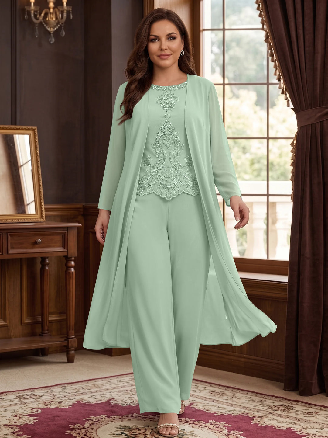 Chiffon Round Neck Floor-Length Plus Size Mother Of The Bride Pantsuits With Jacket & Applique