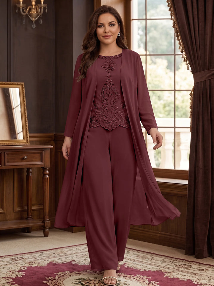 Chiffon Round Neck Floor-Length Plus Size Mother Of The Bride Pantsuits With Jacket & Applique