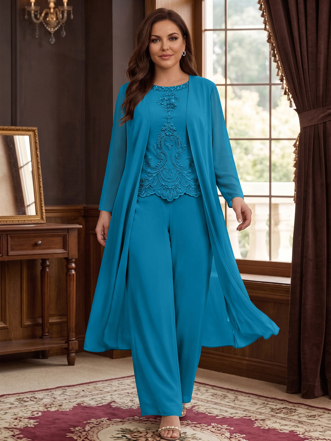 Chiffon Round Neck Floor-Length Plus Size Mother Of The Bride Pantsuits With Jacket & Applique