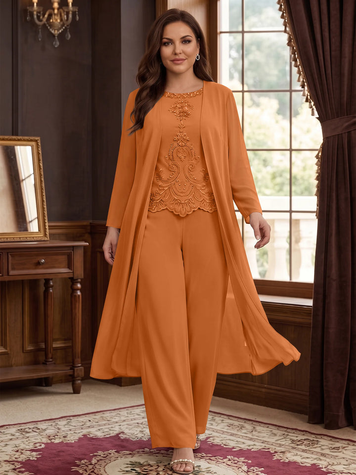Chiffon Round Neck Floor-Length Plus Size Mother Of The Bride Pantsuits With Jacket & Applique