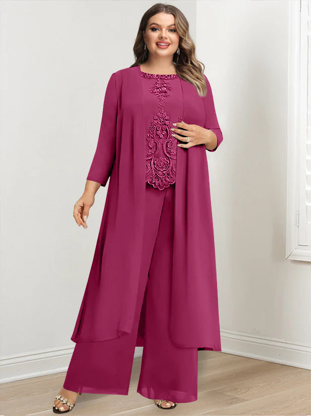 Chiffon Round Neck Floor-Length Plus Size Mother Of The Bride Pantsuits With Jacket & Applique