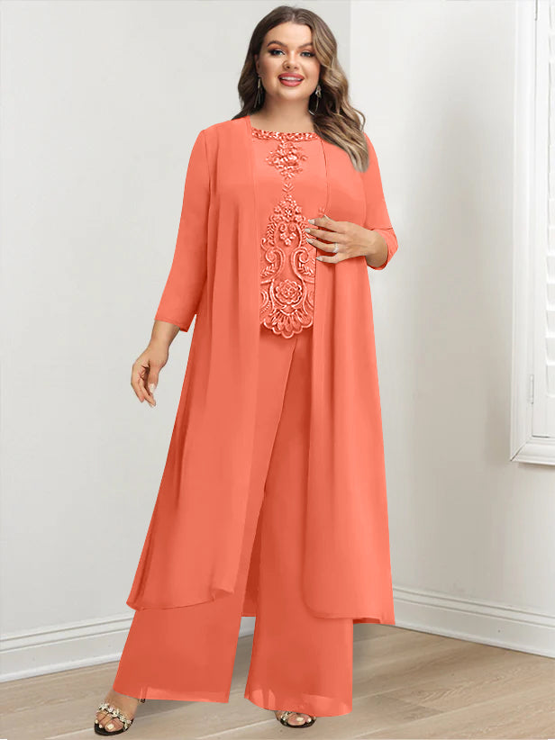 Chiffon Round Neck Floor-Length Plus Size Mother Of The Bride Pantsuits With Jacket & Applique