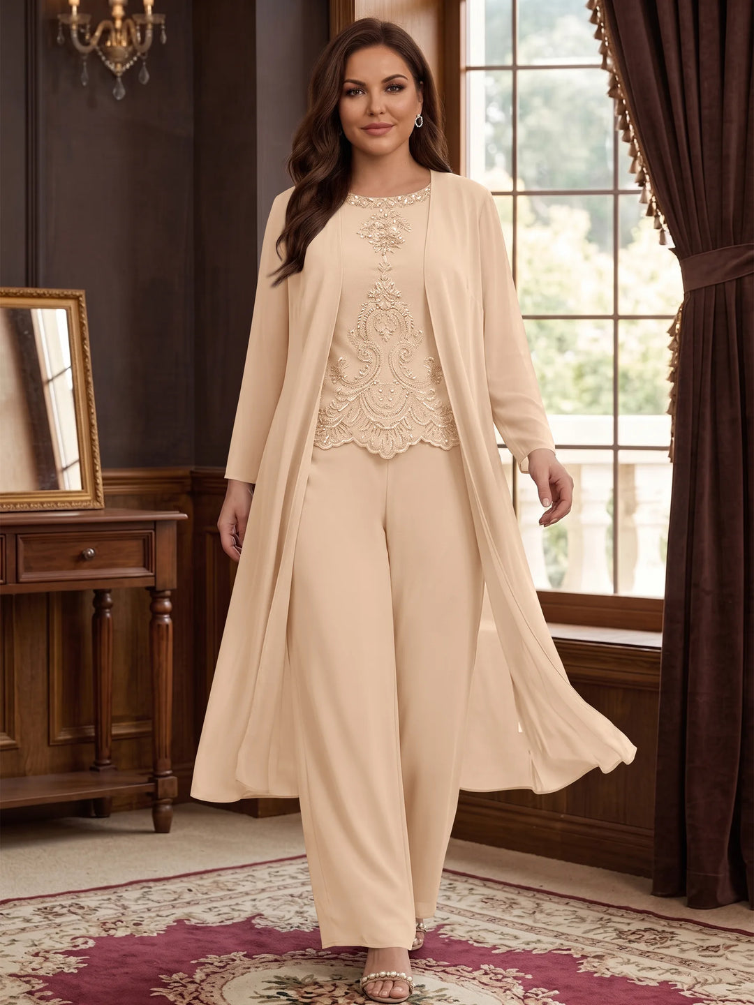 Chiffon Round Neck Floor-Length Plus Size Mother Of The Bride Pantsuits With Jacket & Applique