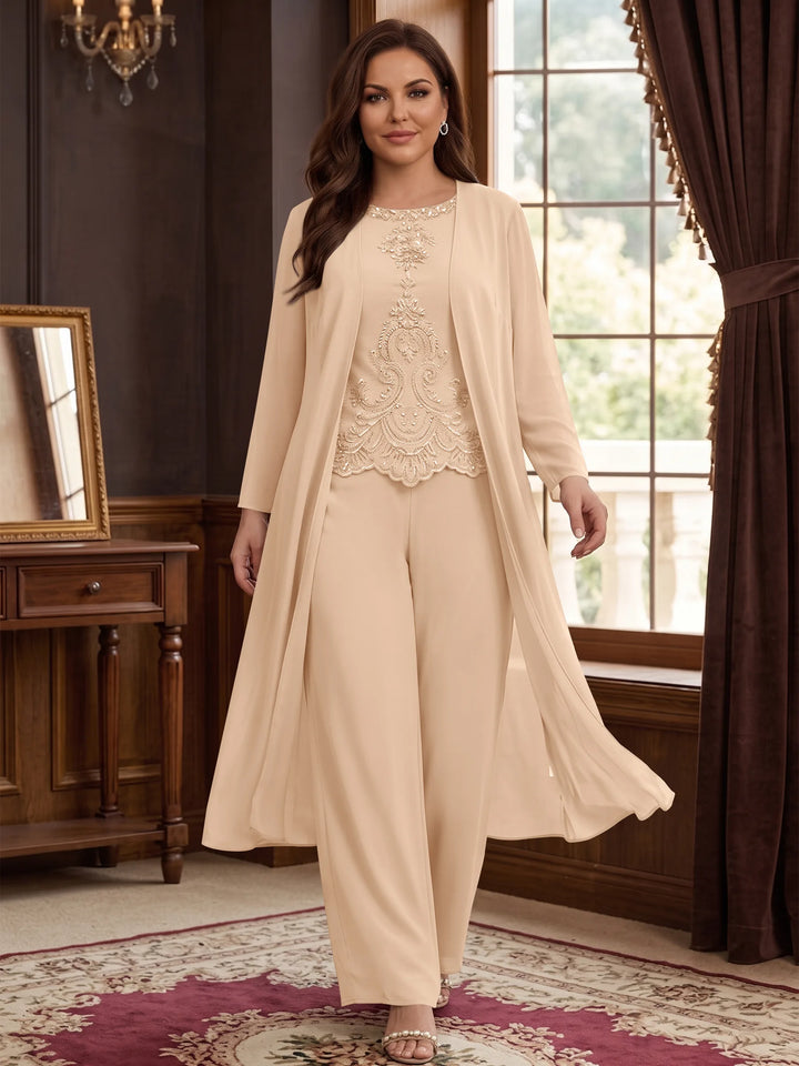 Chiffon Round Neck Floor-Length Plus Size Mother Of The Bride Pantsuits With Jacket & Applique