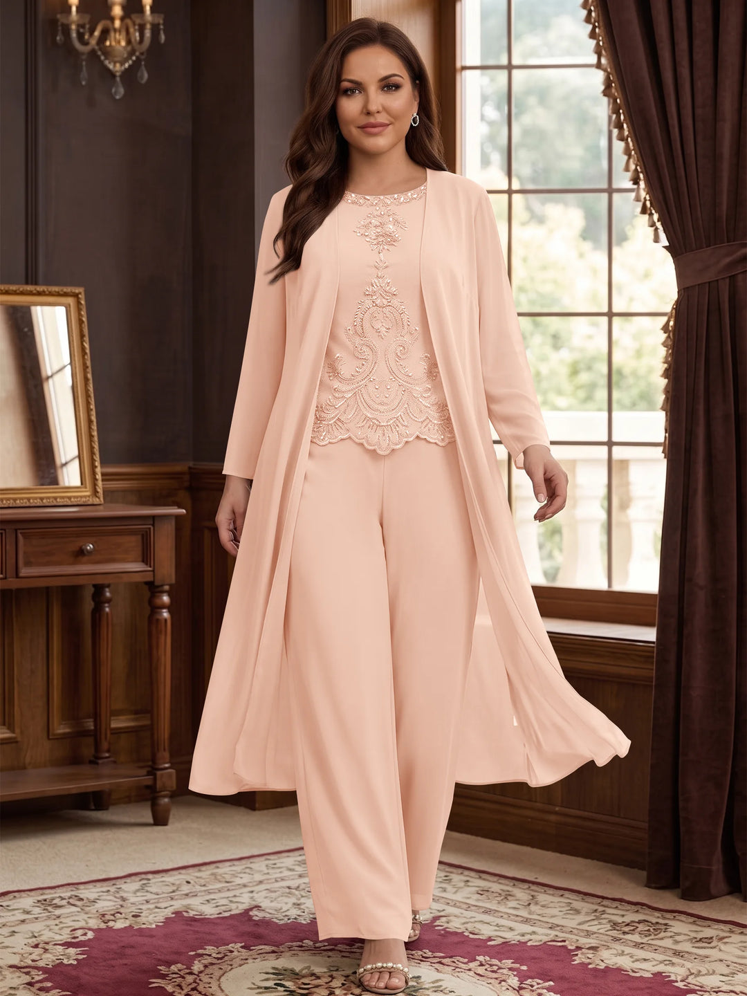 Chiffon Round Neck Floor-Length Plus Size Mother Of The Bride Pantsuits With Jacket & Applique