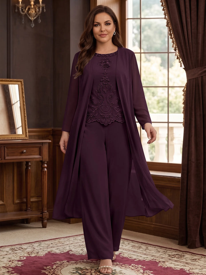 Chiffon Round Neck Floor-Length Plus Size Mother Of The Bride Pantsuits With Jacket & Applique