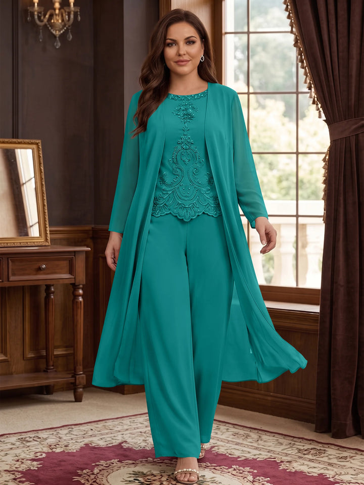 Chiffon Round Neck Floor-Length Plus Size Mother Of The Bride Pantsuits With Jacket & Applique