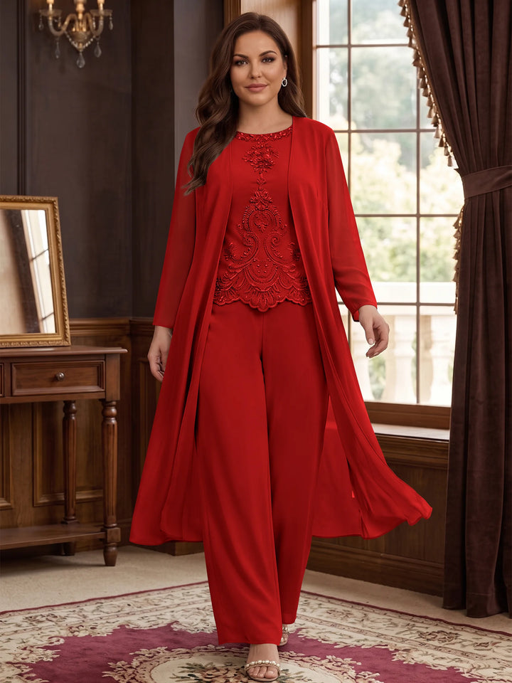 Chiffon Round Neck Floor-Length Plus Size Mother Of The Bride Pantsuits With Jacket & Applique