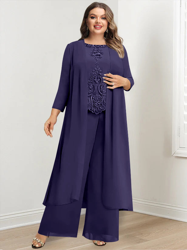 Chiffon Round Neck Floor-Length Plus Size Mother Of The Bride Pantsuits With Jacket & Applique