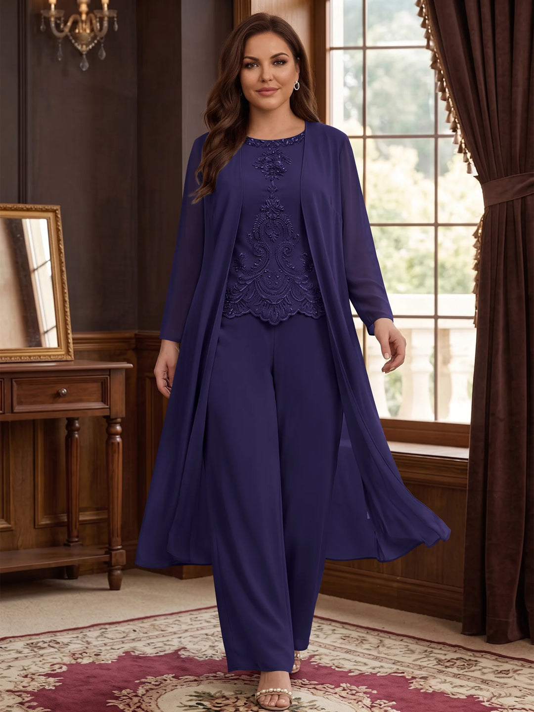Chiffon Round Neck Floor-Length Plus Size Mother Of The Bride Pantsuits With Jacket & Applique