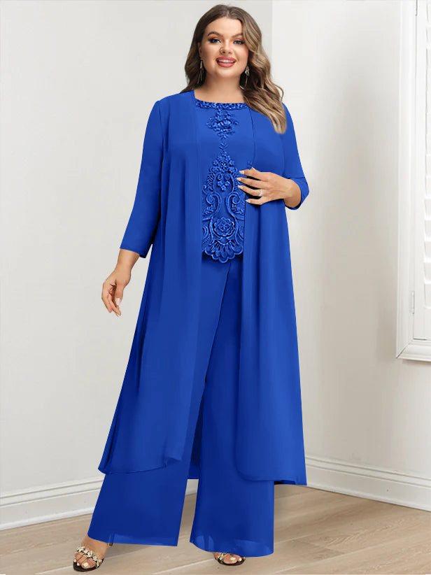 Chiffon Round Neck Floor-Length Plus Size Mother Of The Bride Pantsuits With Jacket & Applique