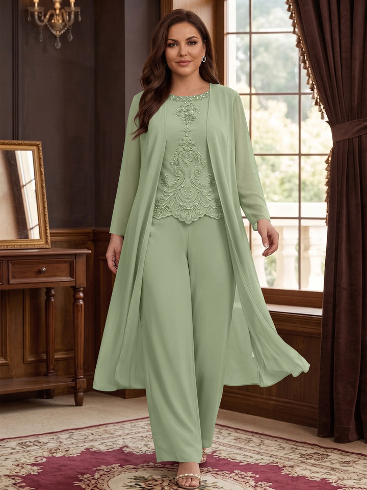 Chiffon Round Neck Floor-Length Plus Size Mother Of The Bride Pantsuits With Jacket & Applique