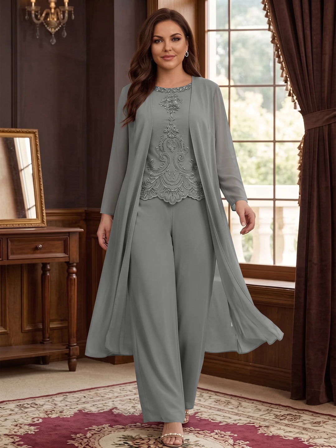 Chiffon Round Neck Floor-Length Plus Size Mother Of The Bride Pantsuits With Jacket & Applique
