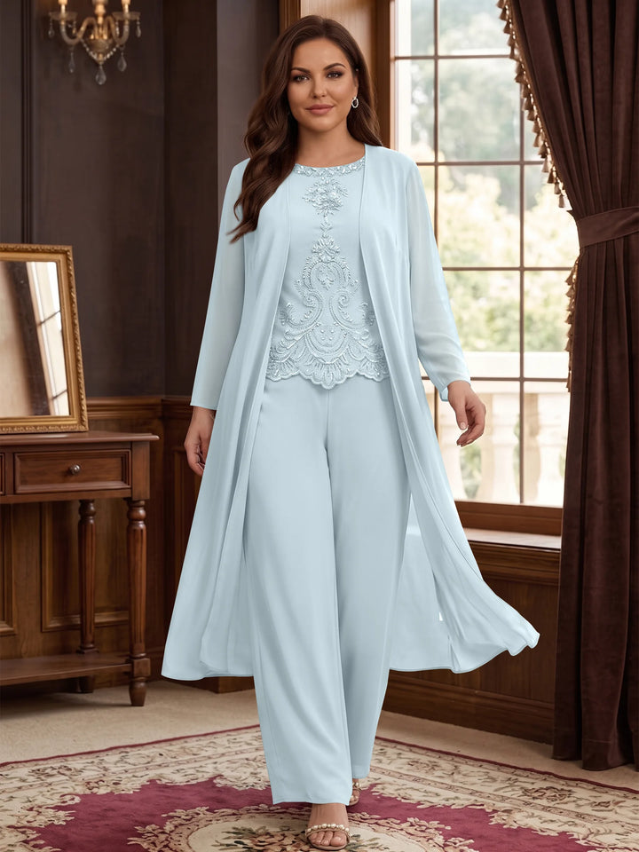 Chiffon Round Neck Floor-Length Plus Size Mother Of The Bride Pantsuits With Jacket & Applique
