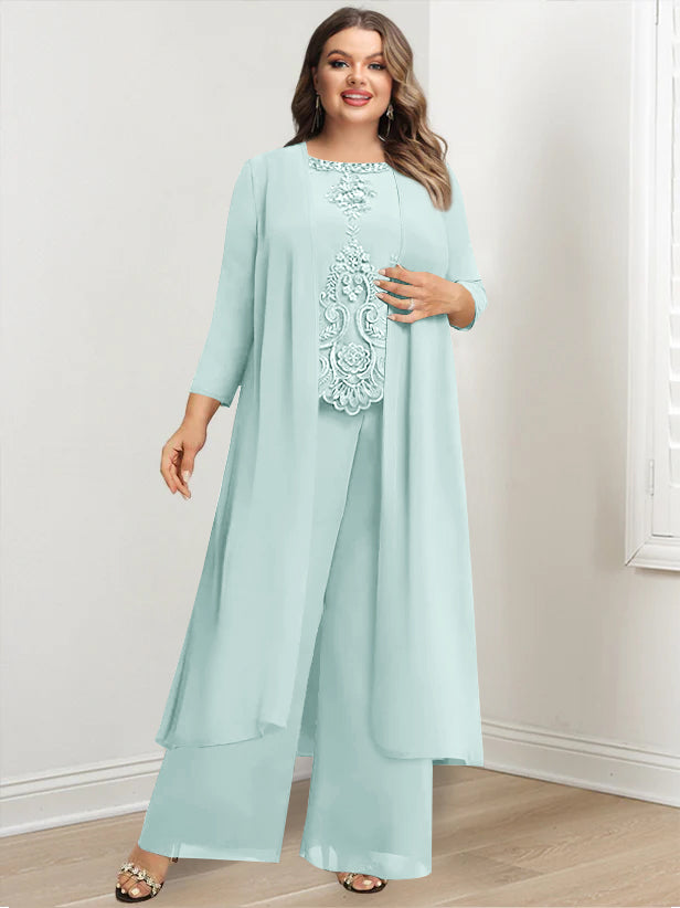 Chiffon Round Neck Floor-Length Plus Size Mother Of The Bride Pantsuits With Jacket & Applique