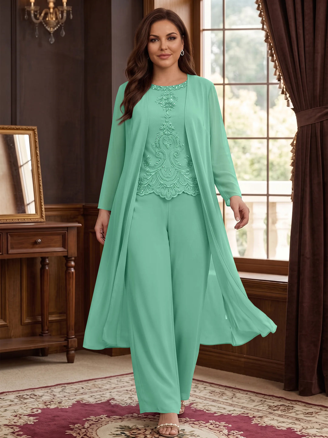 Chiffon Round Neck Floor-Length Plus Size Mother Of The Bride Pantsuits With Jacket & Applique