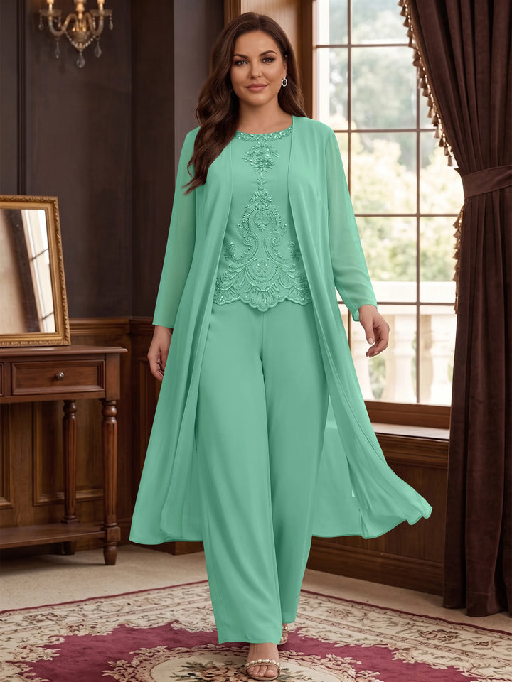 Chiffon Round Neck Floor-Length Plus Size Mother Of The Bride Pantsuits With Jacket & Applique