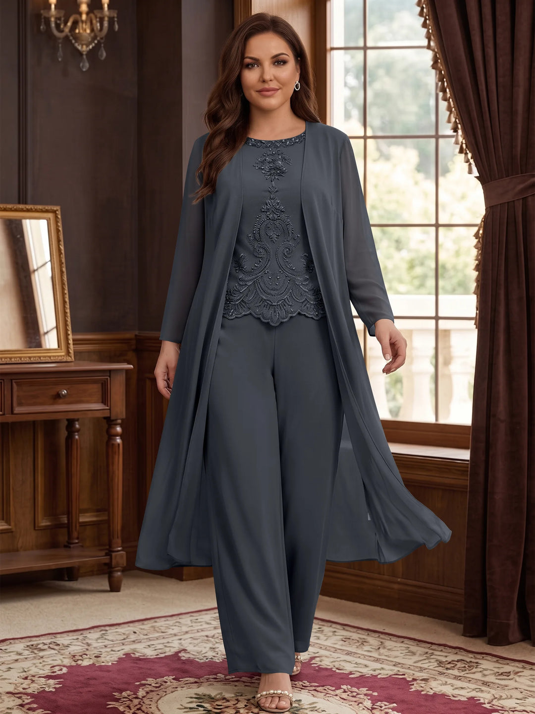 Chiffon Round Neck Floor-Length Plus Size Mother Of The Bride Pantsuits With Jacket & Applique