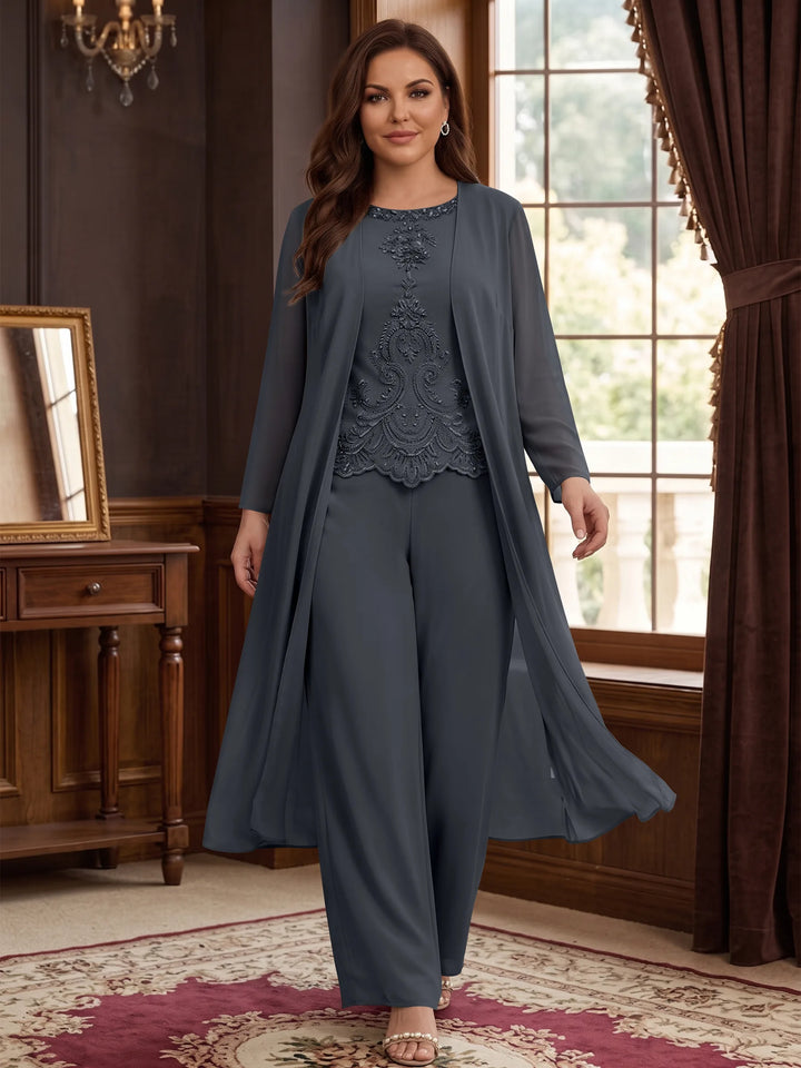 Chiffon Round Neck Floor-Length Plus Size Mother Of The Bride Pantsuits With Jacket & Applique