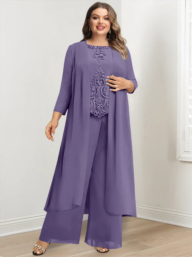 Chiffon Round Neck Floor-Length Plus Size Mother Of The Bride Pantsuits With Jacket & Applique