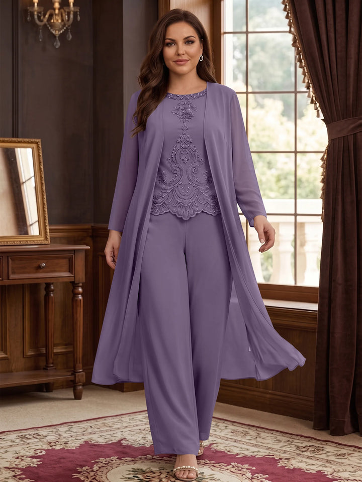 Chiffon Round Neck Floor-Length Plus Size Mother Of The Bride Pantsuits With Jacket & Applique