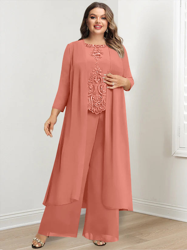 Chiffon Round Neck Floor-Length Plus Size Mother Of The Bride Pantsuits With Jacket & Applique