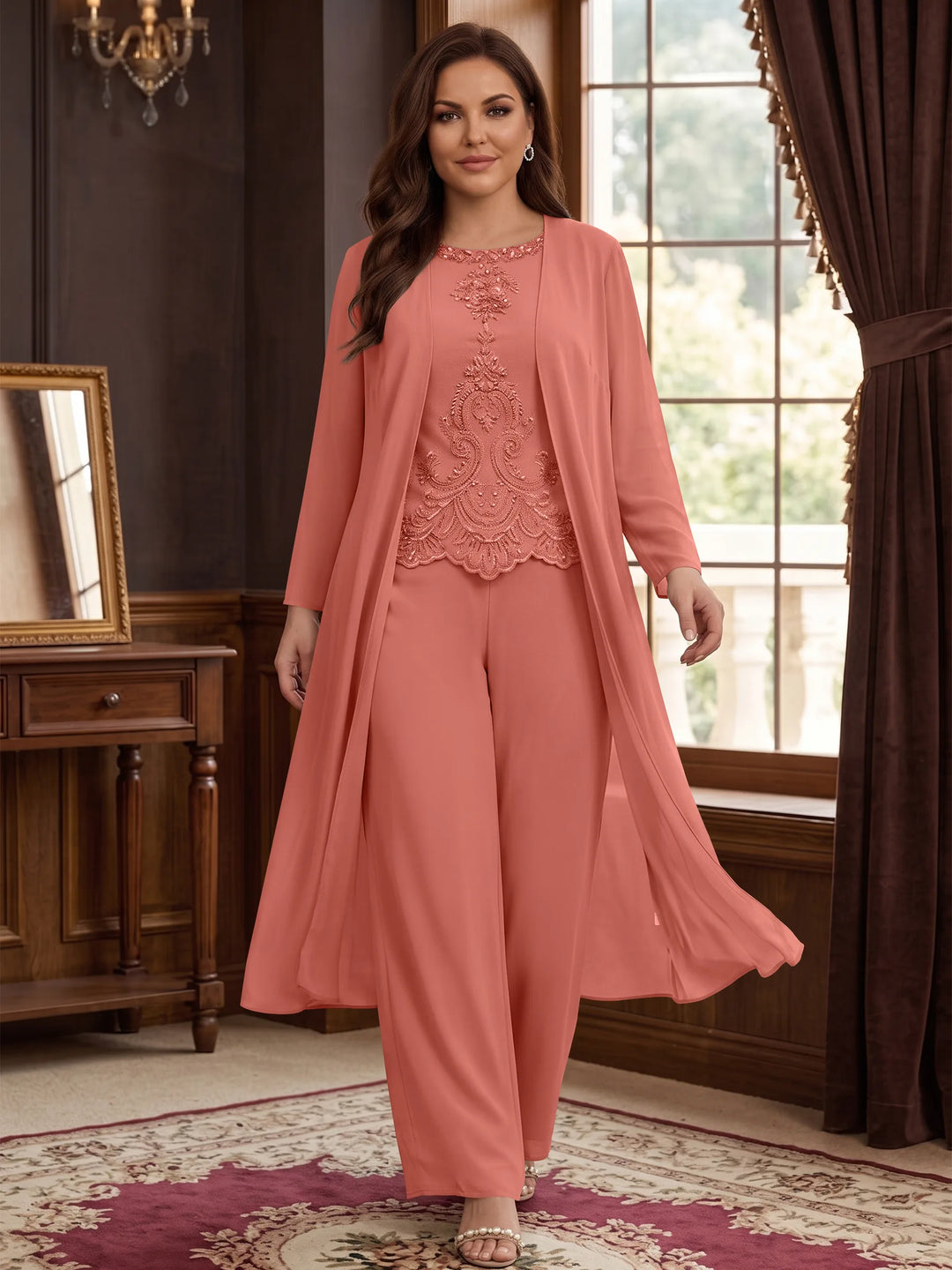 Chiffon Round Neck Floor-Length Plus Size Mother Of The Bride Pantsuits With Jacket & Applique