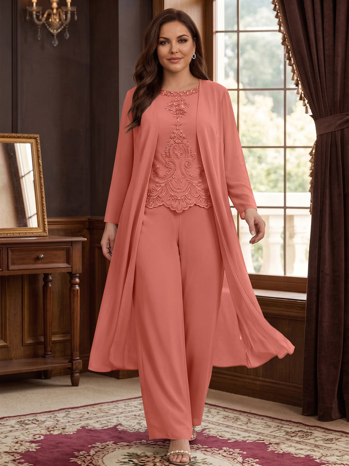 Chiffon Round Neck Floor-Length Plus Size Mother Of The Bride Pantsuits With Jacket & Applique