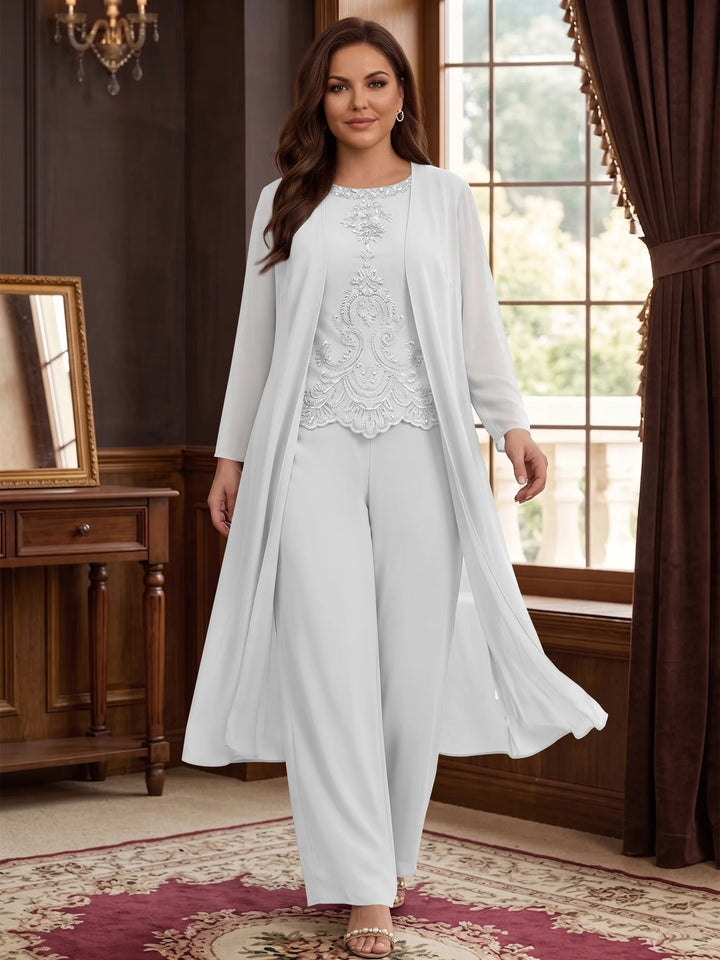 Chiffon Round Neck Floor-Length Plus Size Mother Of The Bride Pantsuits With Jacket & Applique
