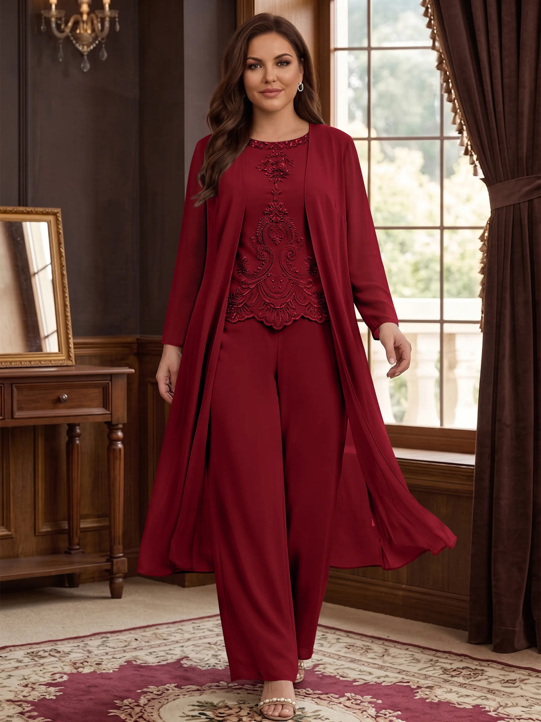 Chiffon Round Neck Floor-Length Plus Size Mother Of The Bride Pantsuits With Jacket & Applique