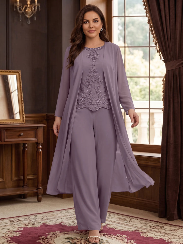 Chiffon Round Neck Floor-Length Plus Size Mother Of The Bride Pantsuits With Jacket & Applique