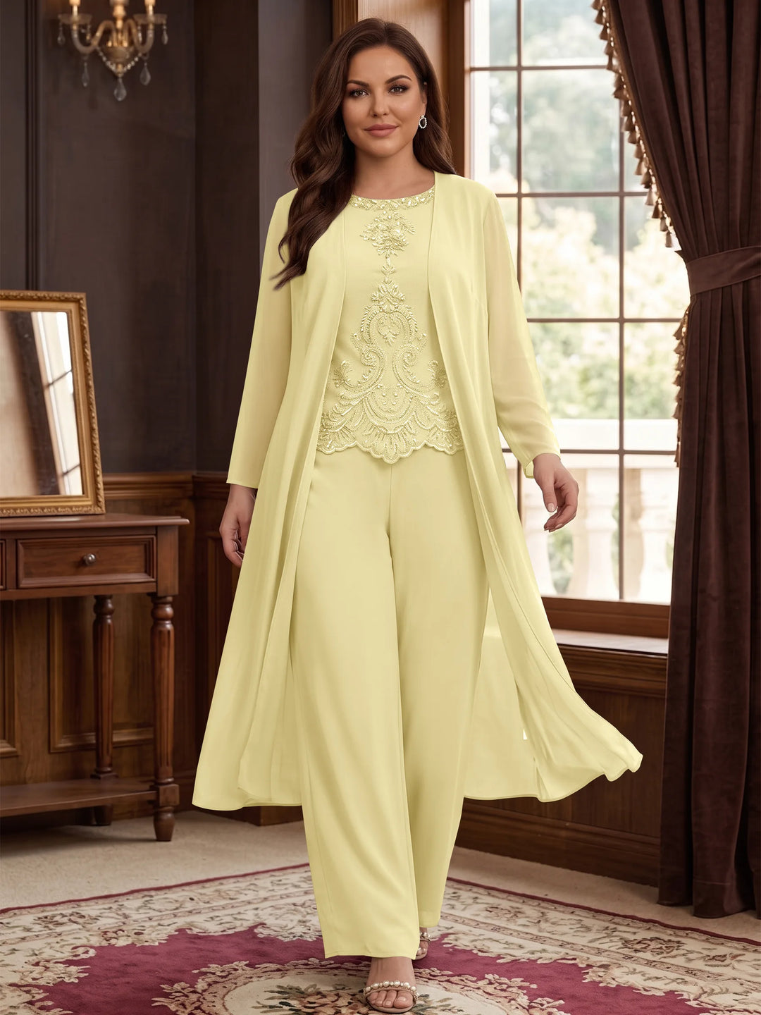 Chiffon Round Neck Floor-Length Plus Size Mother Of The Bride Pantsuits With Jacket & Applique