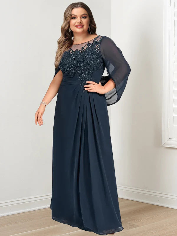 A-Line/Princess Scoop Floor-Length Plus Size Mother of the Bride Dresses with Pleated & Sequins