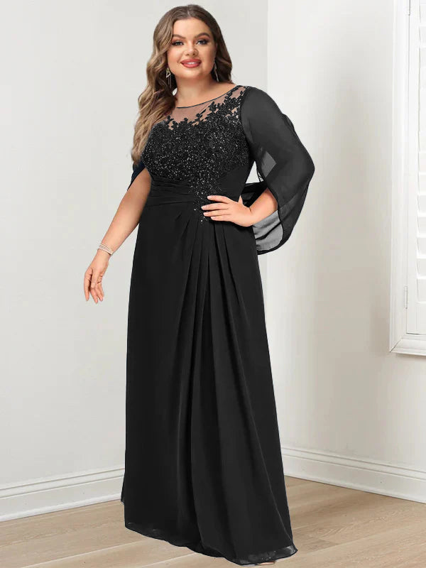 A-Line/Princess Scoop Floor-Length Plus Size Mother of the Bride Dresses with Pleated & Sequins