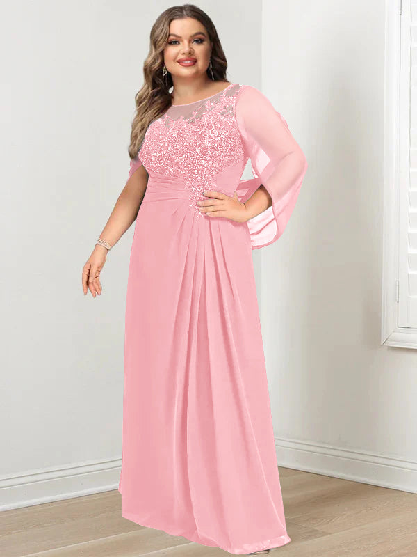 A-Line/Princess Scoop Floor-Length Plus Size Mother of the Bride Dresses with Pleated & Sequins