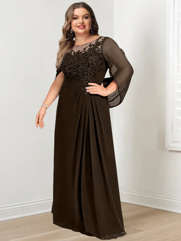 A-Line/Princess Scoop Floor-Length Plus Size Mother of the Bride Dresses with Pleated & Sequins