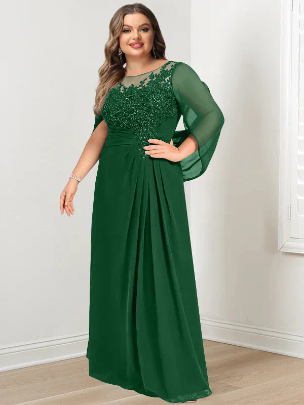 A-Line/Princess Scoop Floor-Length Plus Size Mother of the Bride Dresses with Pleated & Sequins