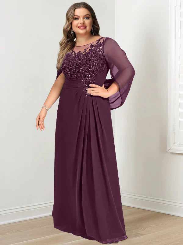 A-Line/Princess Scoop Floor-Length Plus Size Mother of the Bride Dresses with Pleated & Sequins